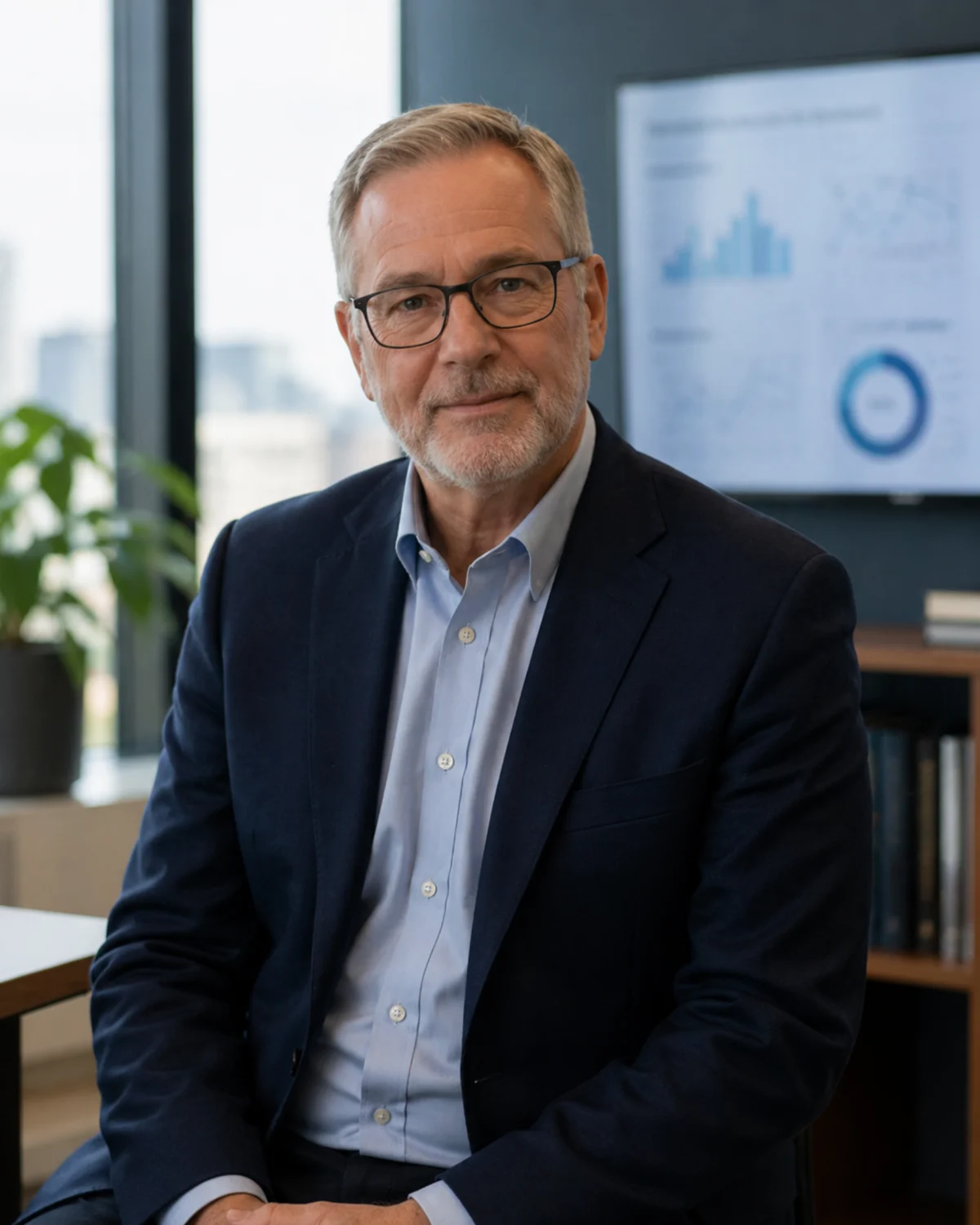 Portrait of a calm, experienced senior technology advisor in a professional office