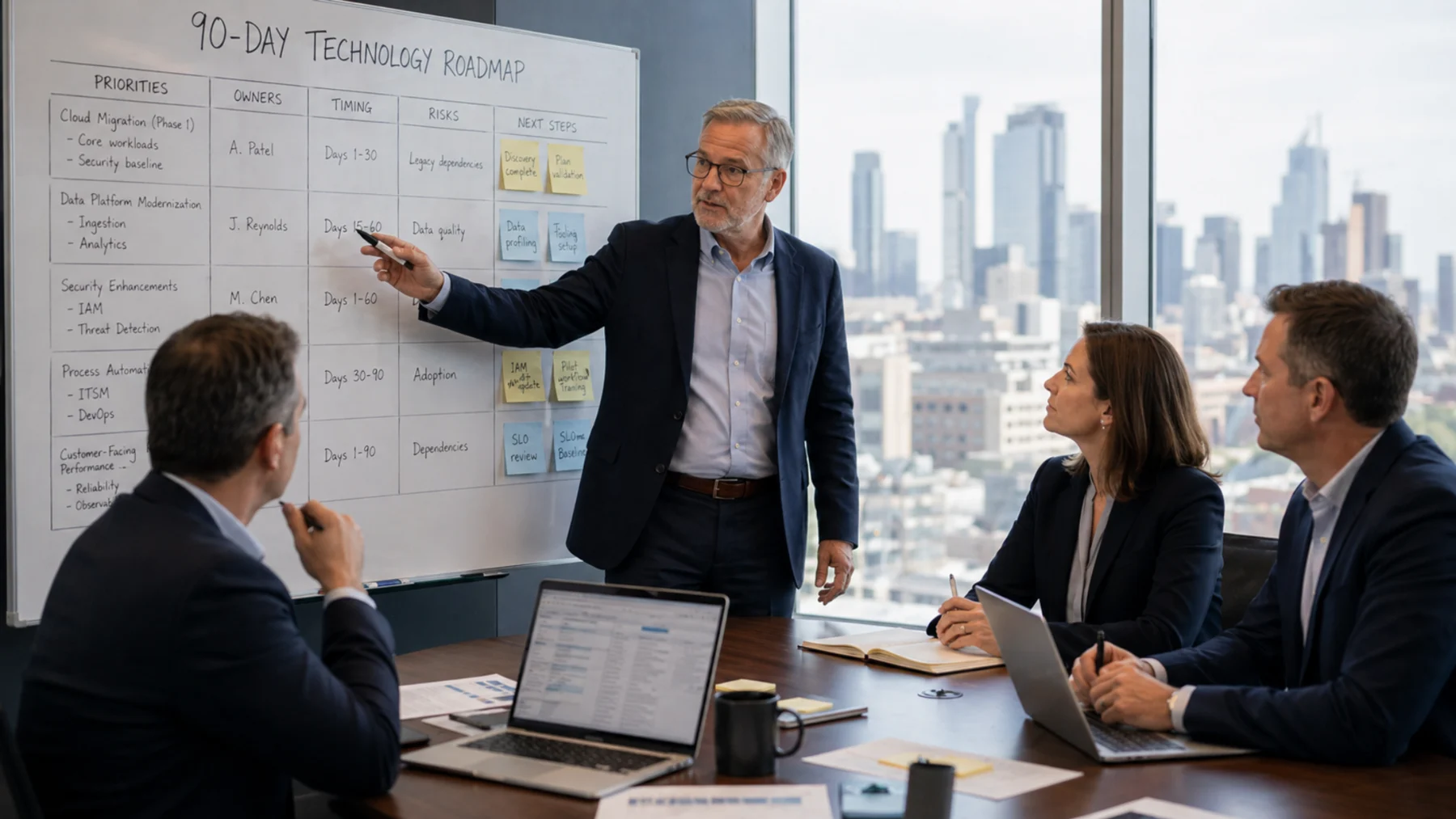 Leadership team reviewing a 90-day technology roadmap with priorities, owners, timing, and next steps