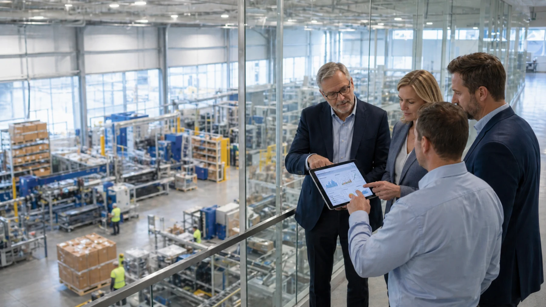 Mid-market operating leaders reviewing performance in a modern manufacturing and distribution environment