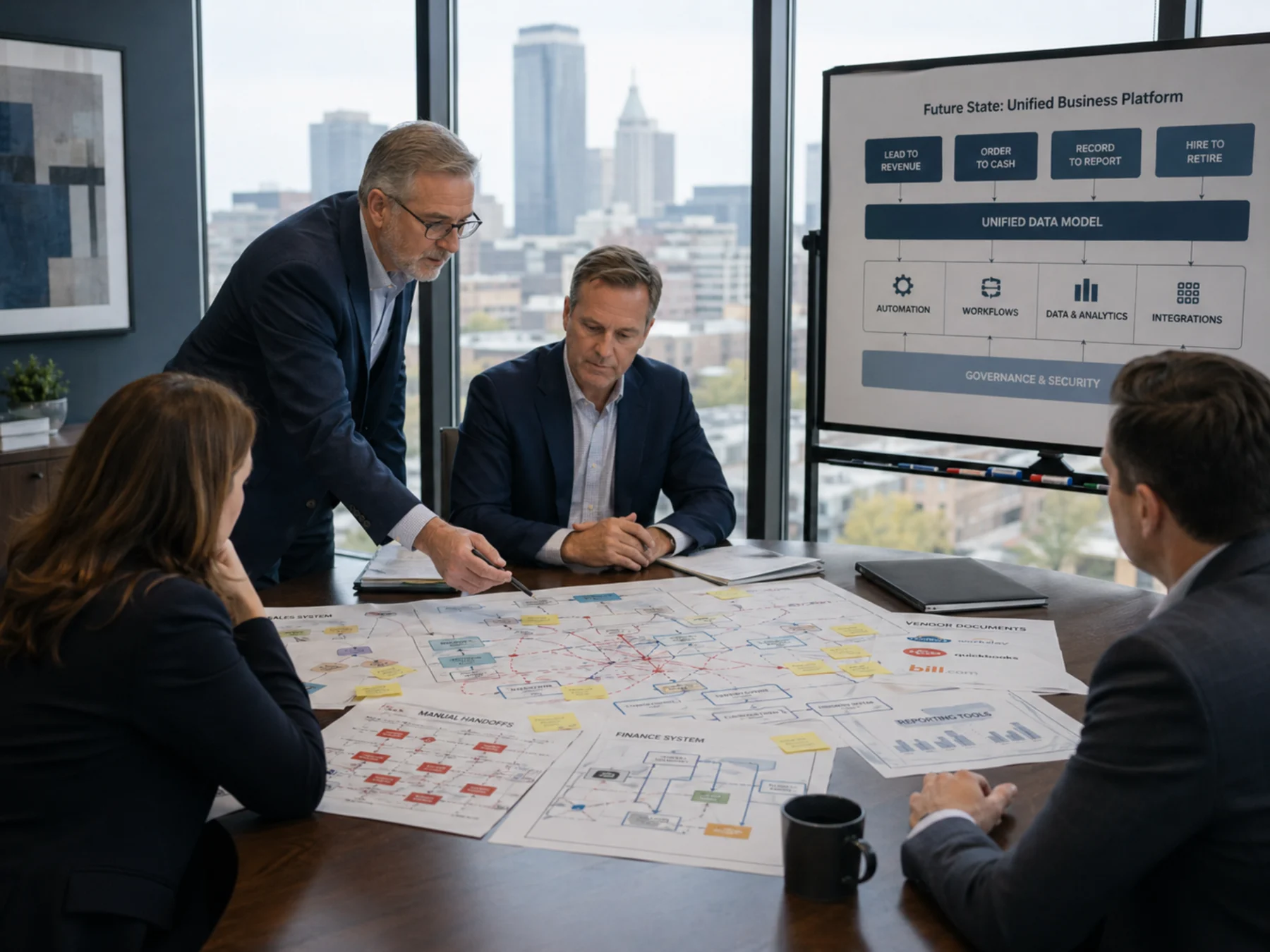 Leadership team organizing fragmented business systems into a clear executive technology roadmap